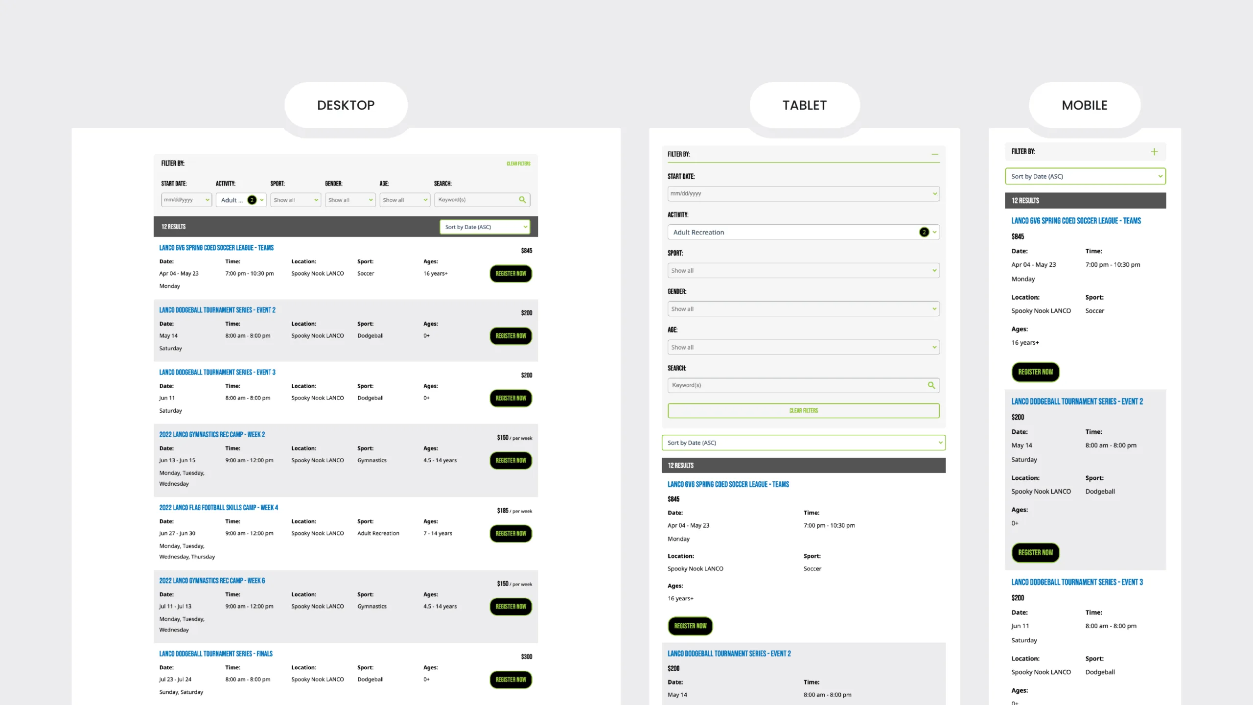 Leveraging Drupal and Open Y for scalable sports facility management 3 Three versions of a filtered program listing page shown across desktop, tablet, and mobile views. Filters include activity type, sport, gender, age, and keyword. Programs are displayed with clear pricing, date, time, location, and registration buttons.