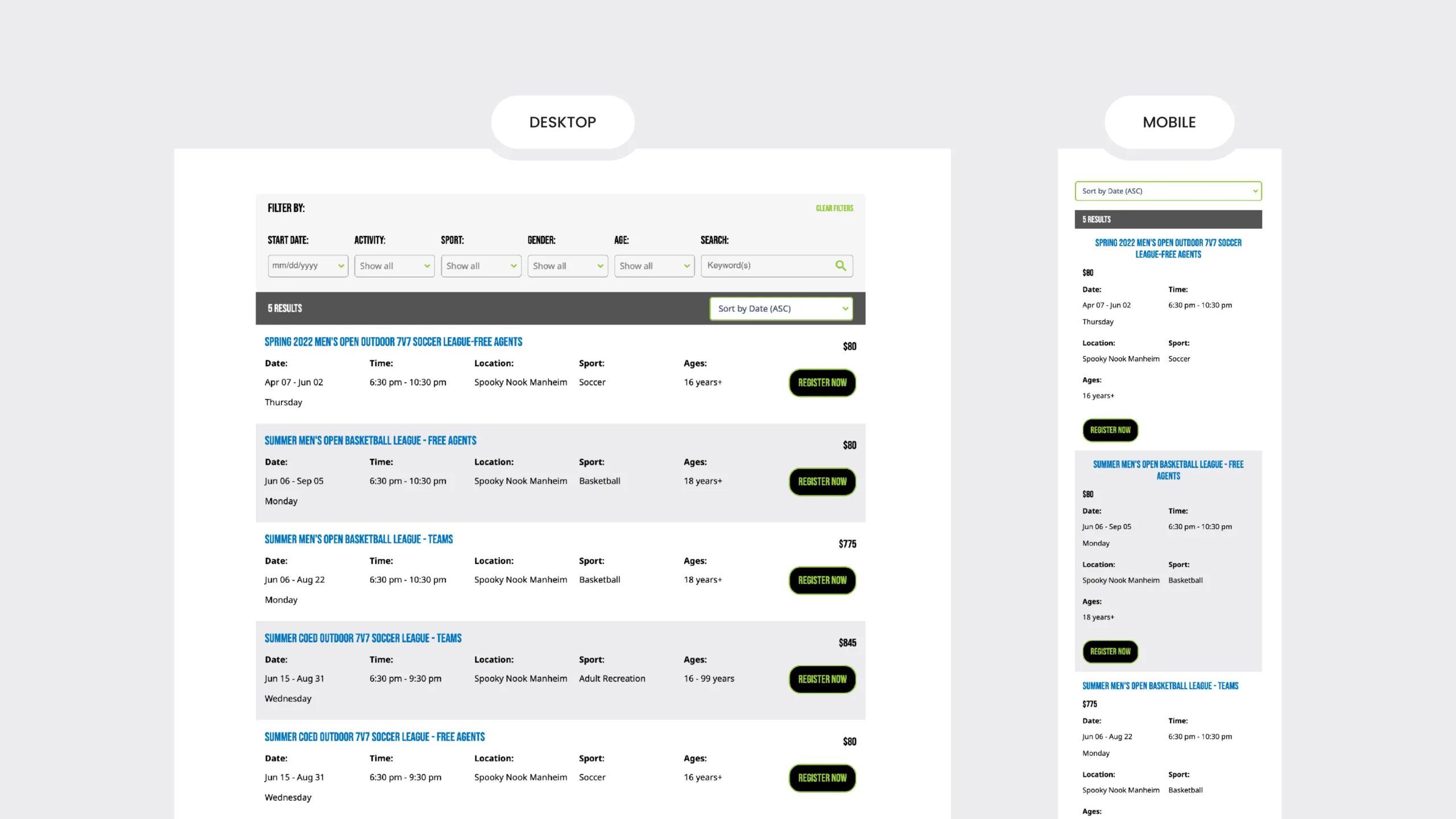 Leveraging Drupal and Open Y for scalable sports facility management 4 Responsive program listing layout with filters at the top and program cards below, including details like date, time, location, sport, and participant age. The same content is shown on both desktop and mobile views, emphasizing usability and consistency.