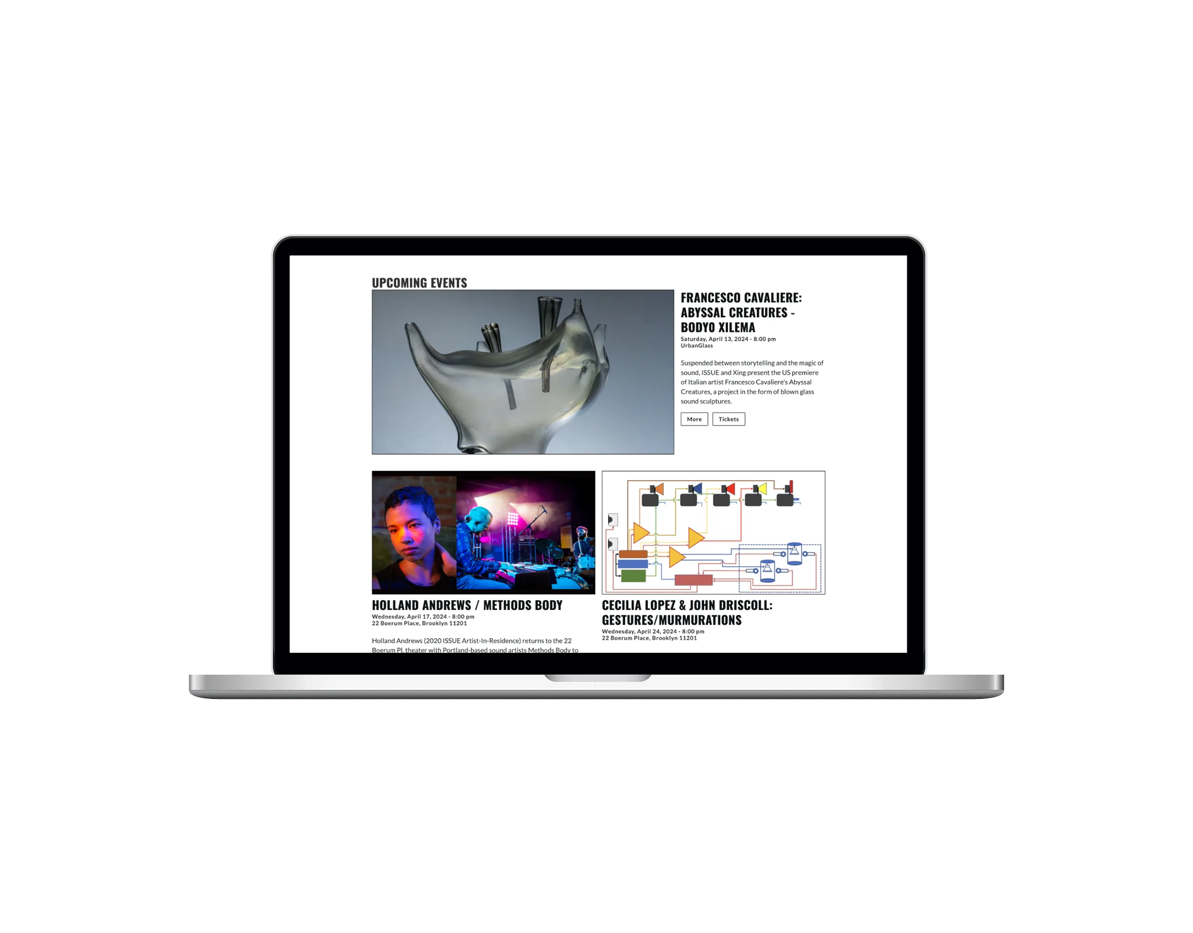 Upcoming events grid on the website
