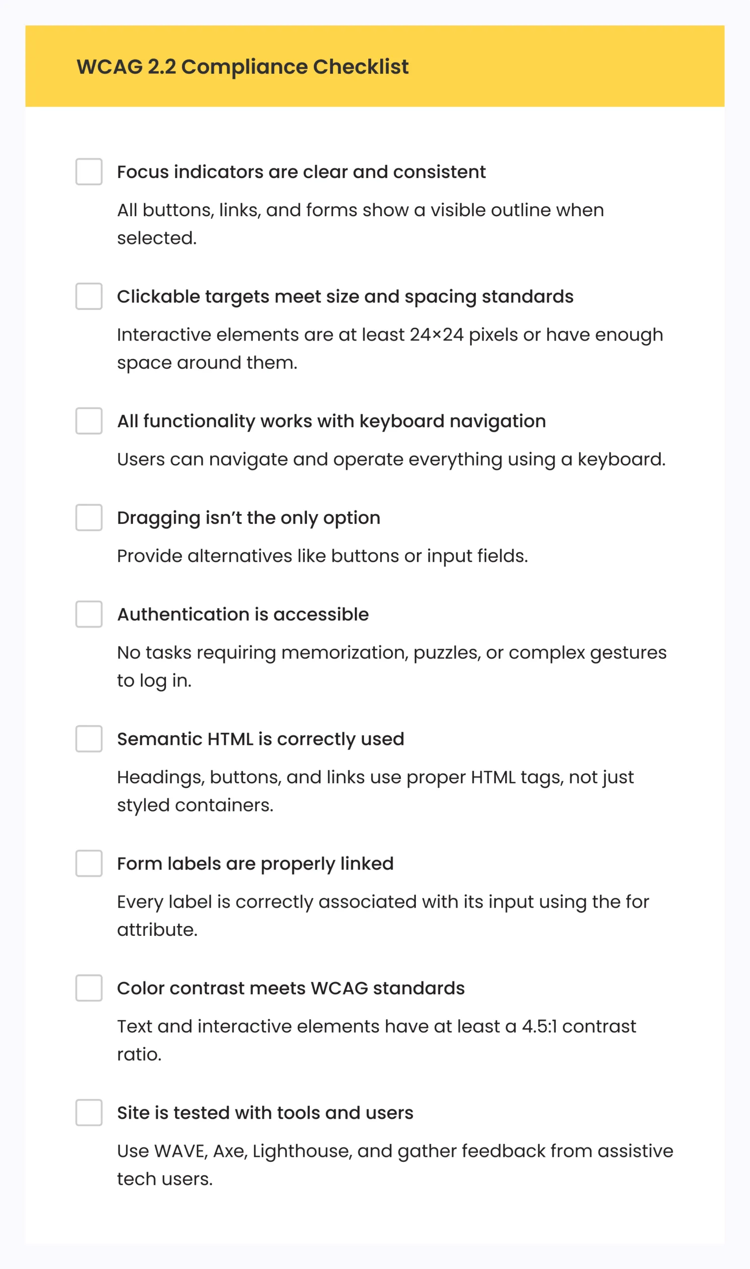 WCAG 2.2 Compliance: Best Practices to Make Your Website Accessible 9 WCAG 2.2 Compliance checklist